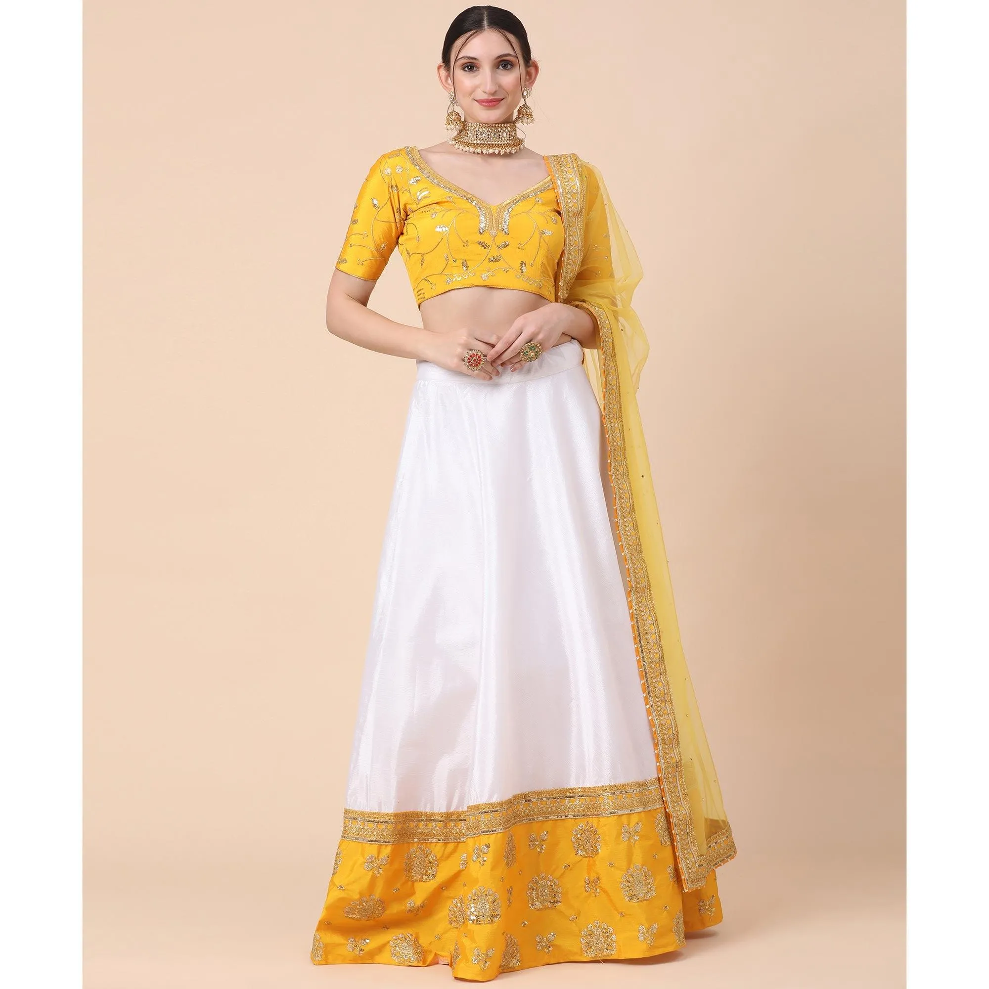 Yellow-White Party Wear Sequins Embroidered Satin Lehenga Choli