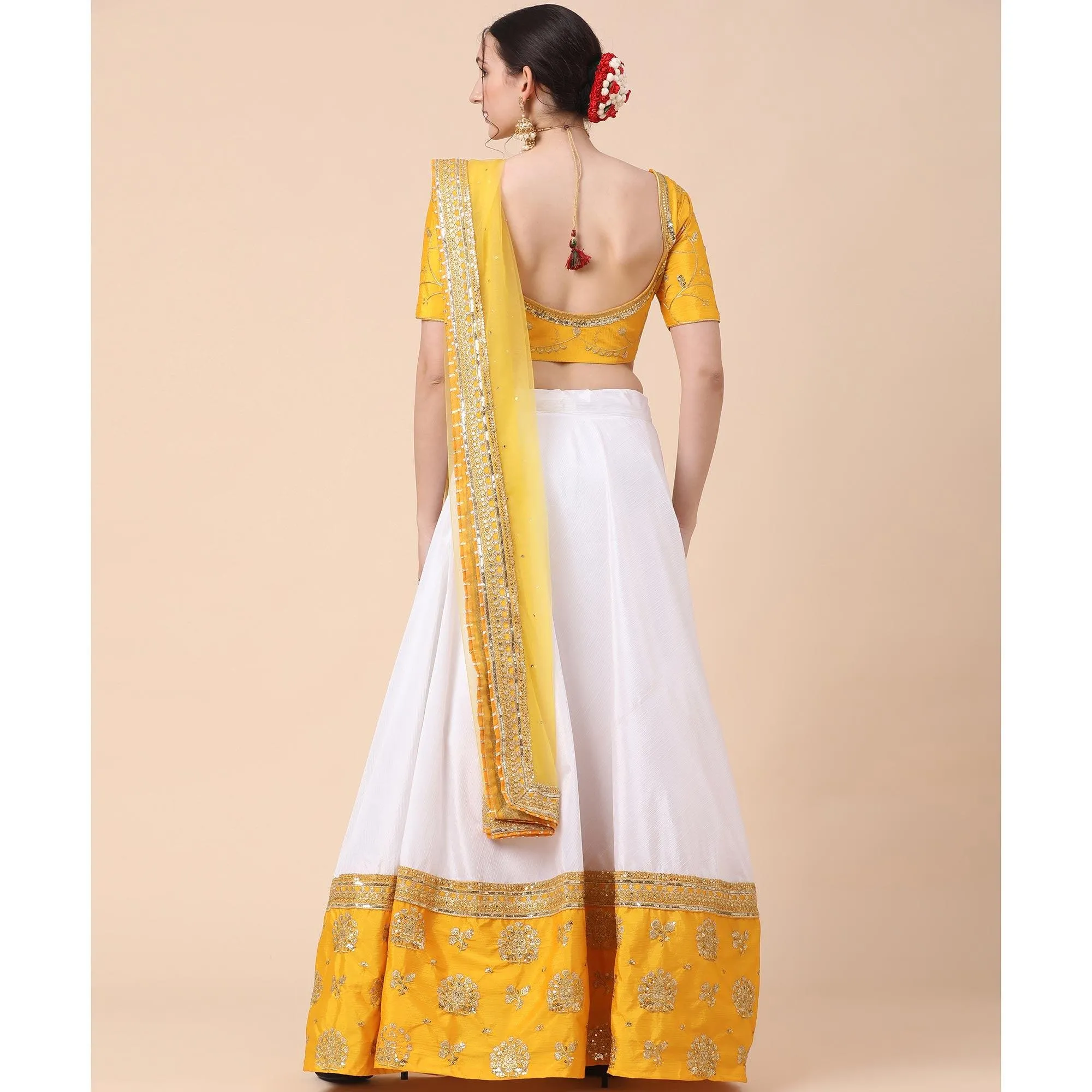 Yellow-White Party Wear Sequins Embroidered Satin Lehenga Choli