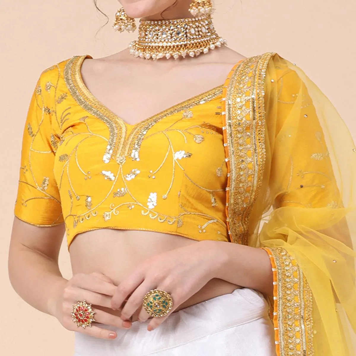 Yellow-White Party Wear Sequins Embroidered Satin Lehenga Choli